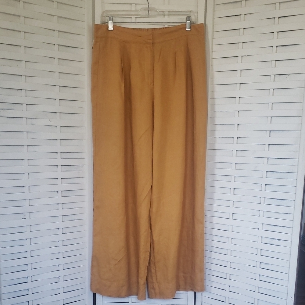 Magaschoni Yellow/Tan Wide Straight Leg 100% Linen  Women's Pants Size L